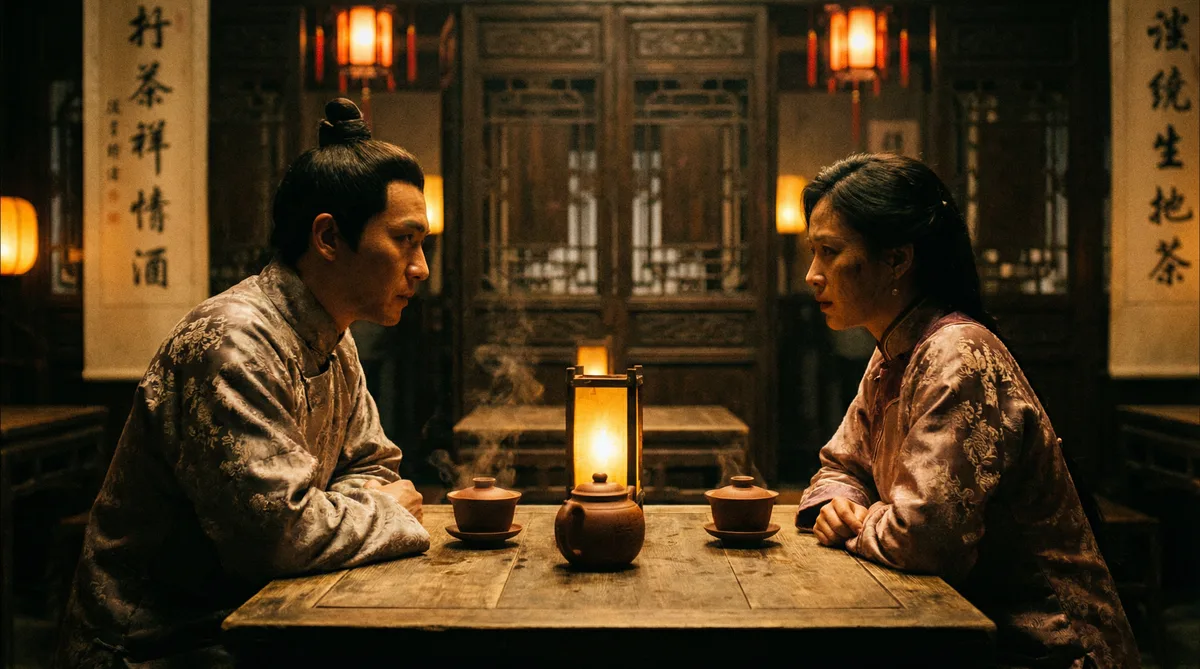 抖阴古装剧情片拍摄剧照-茶馆对话场景