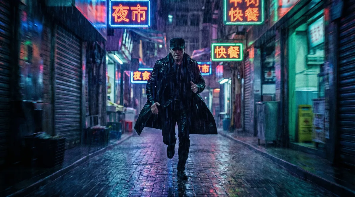 抖阴都市动作片拍摄剧照-雨夜追逐场景