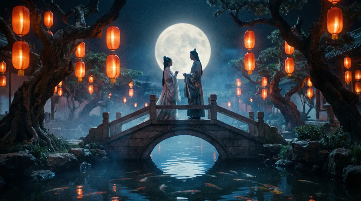 抖阴古典爱情片拍摄剧照-月下花园场景